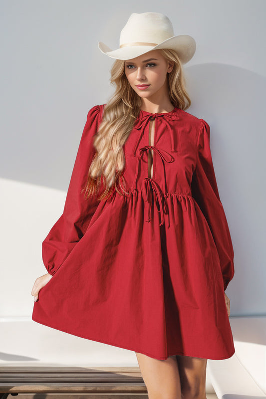 Super Cute Front Tied Long Sleeve Mini Dress